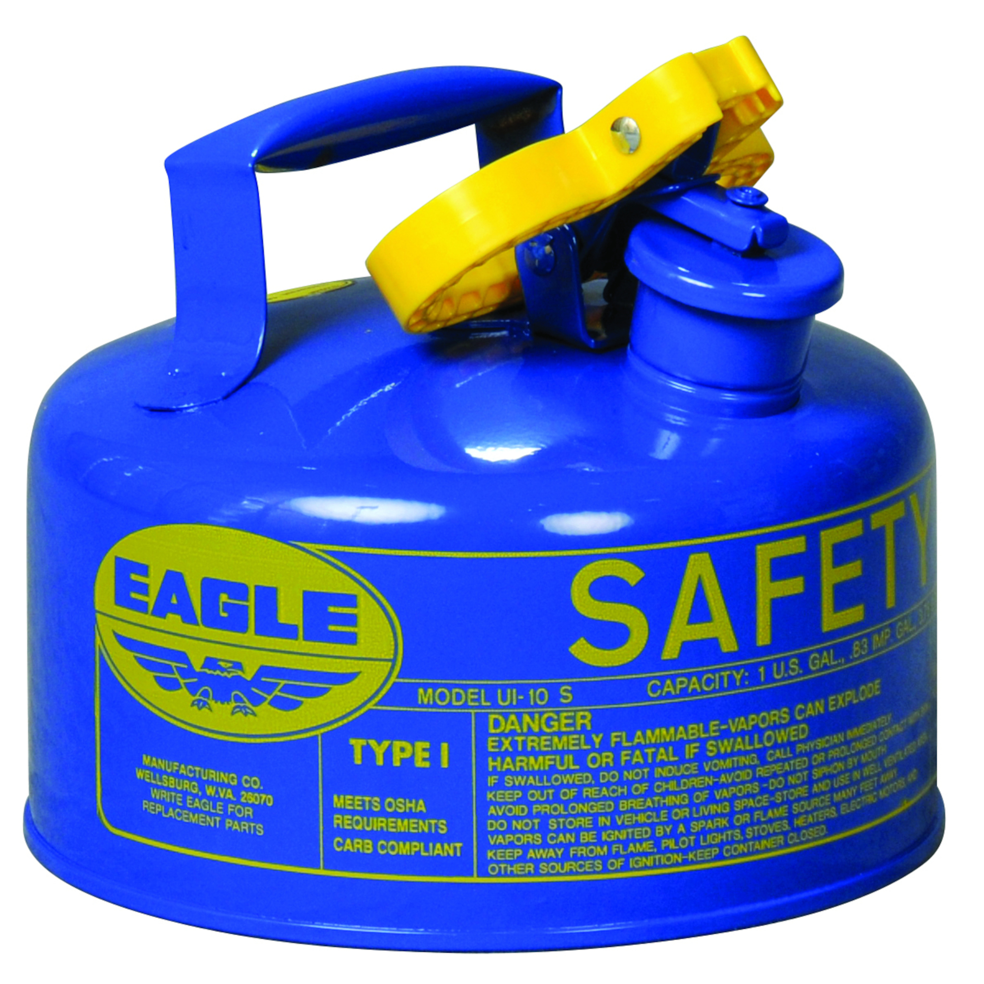 Eagle Type I Steel Safety Can for Kerosene — 1 Gallon, Blue, Flame Arrester, Model# UI10SB
